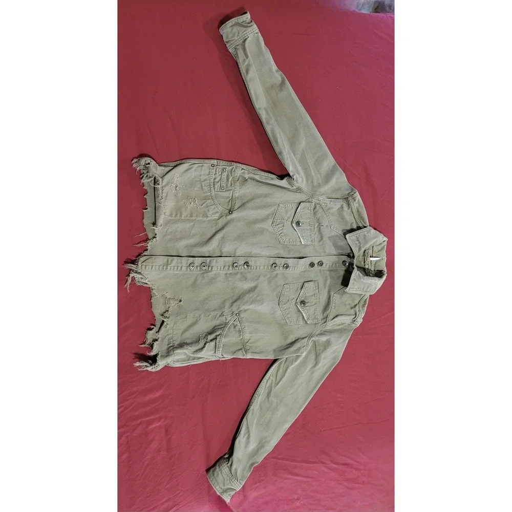 Free People Moonchild Denim Jacket Womens Large Army Green Distressed Size Small - Picture 2 of 14